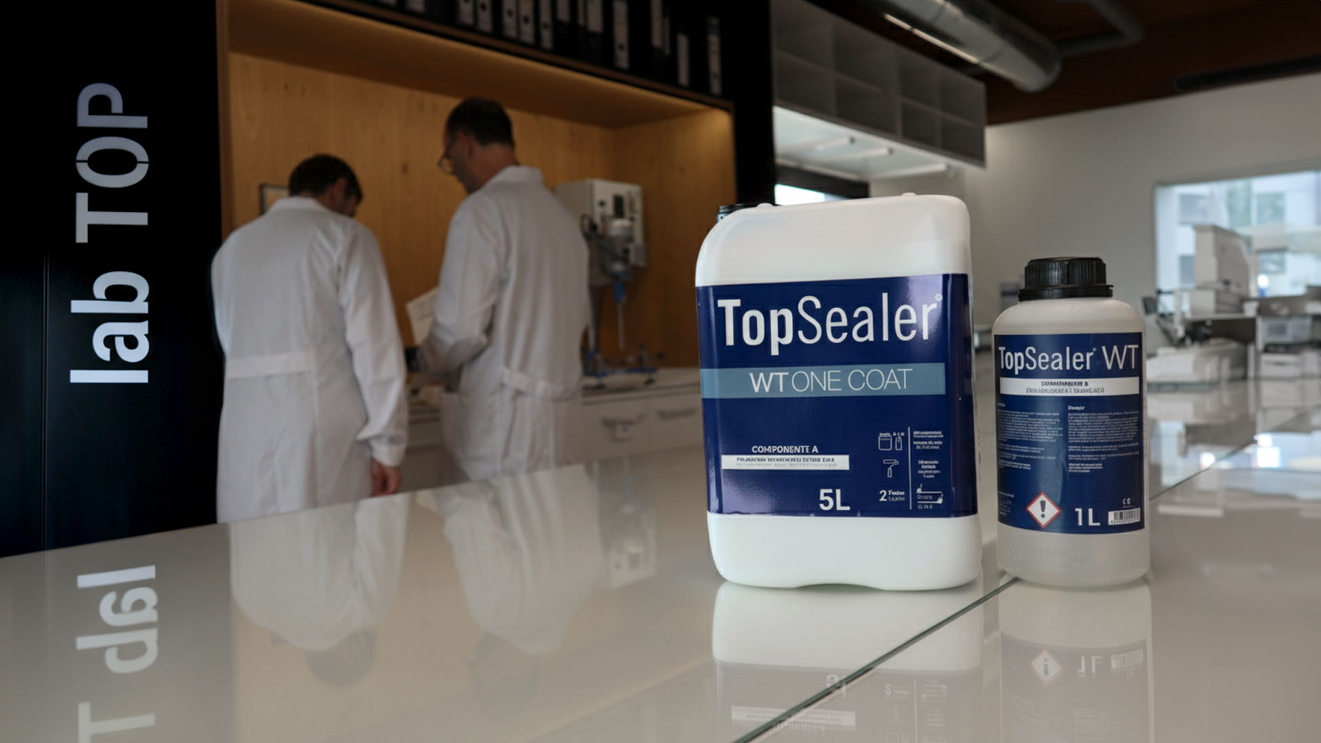 Dois químicos da Topciment® testam produtos no laboratório da fábrica de microcimento em La Pobla de Vallbona (Valência).
