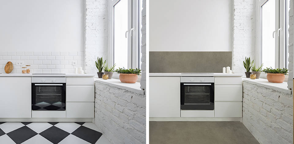 Küche mit Fliesen an Wand und Boden, beschichtet mit Mikrozement in der Farbe Paris Stein.