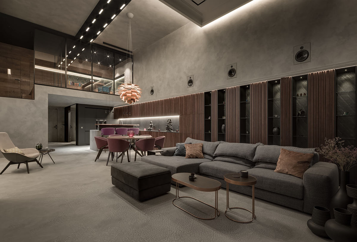 Apartment with grey microcement on walls, floor and ceiling.