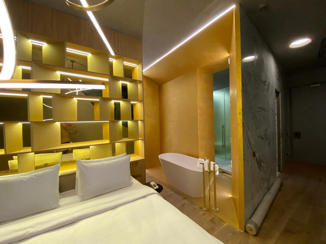 golden glaze on hotel wall