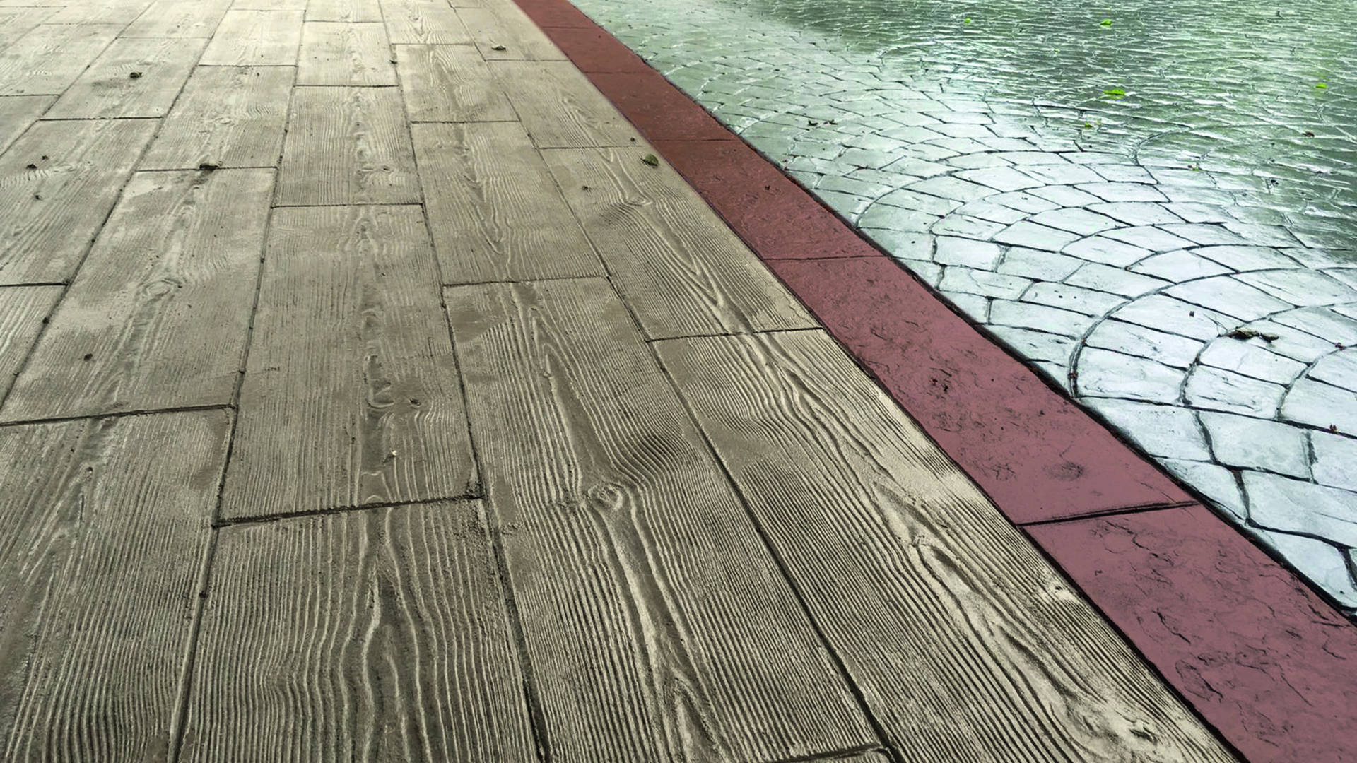 park with wood imprinted concrete pavement