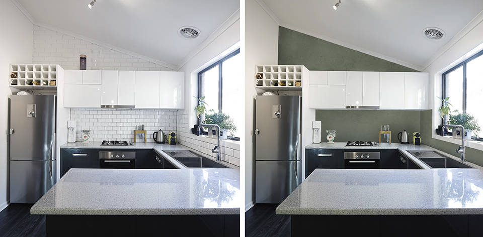 Kitchen splashback tiles coated with Kiwi coloured microcement