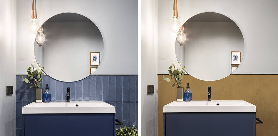 Bathroom wall tiles coated with Pumpkin coloured microcement