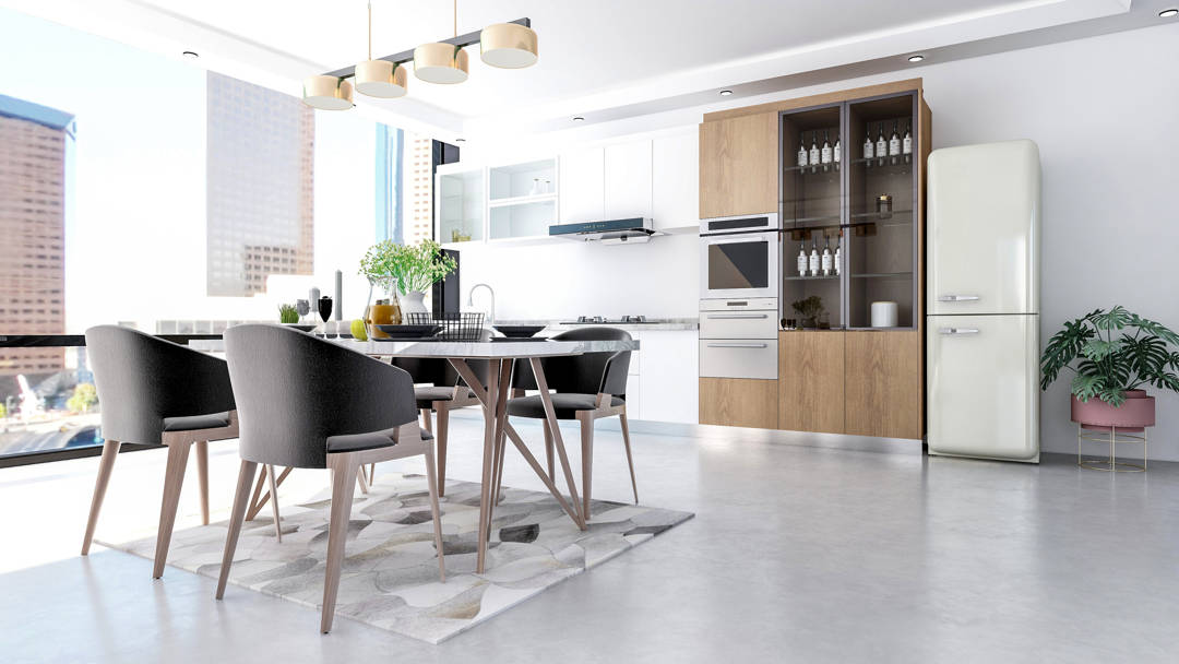 Grey microcement kitchen on the floor and wooden furniture