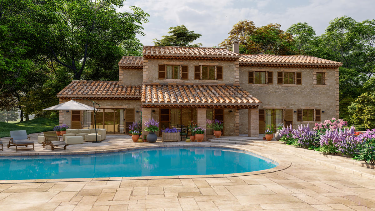 Imitation stone imprinted concrete around the pool