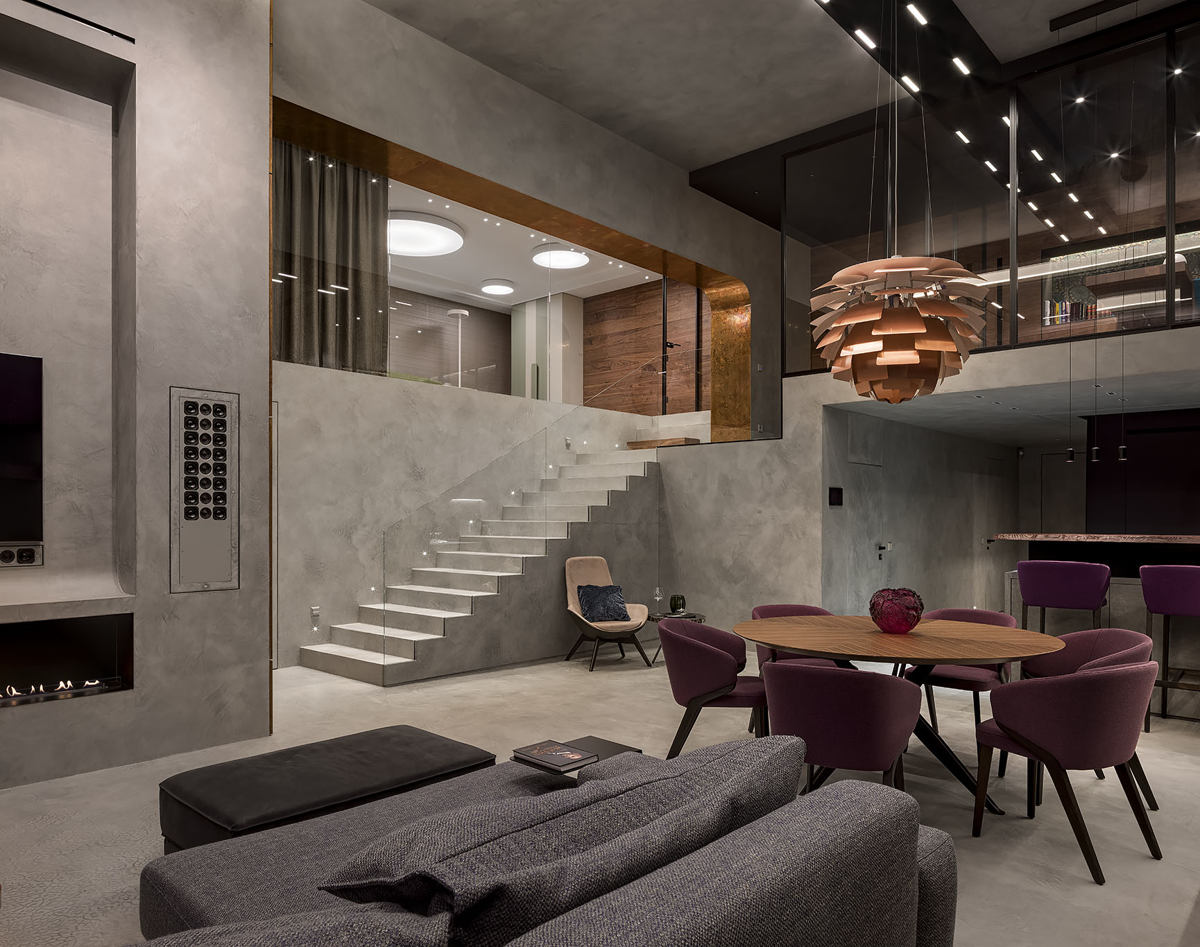 Living room with microcement on stairs, floor, ceiling and walls