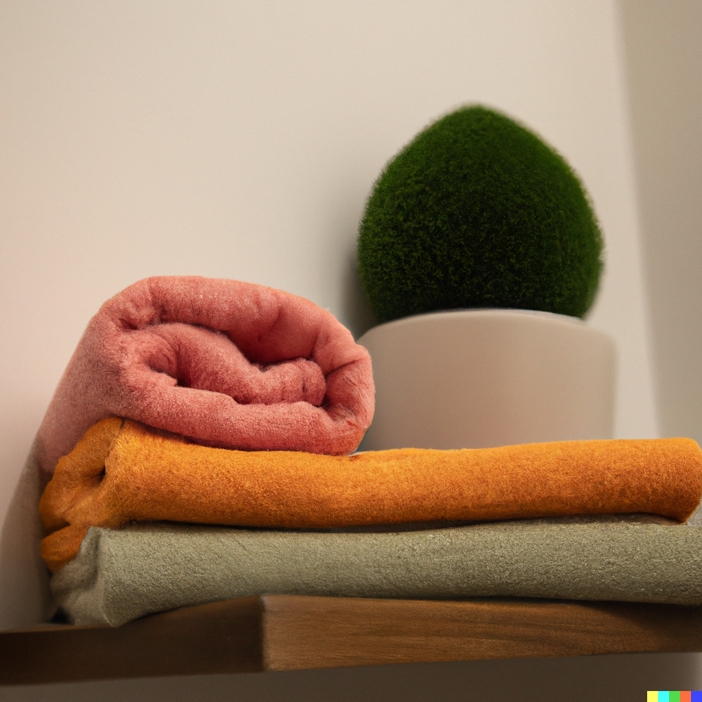 Bathroom decorated with colorful towels and microcement on the wall