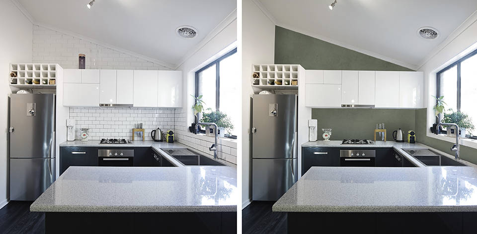 Kitchen backsplash tiles coated with Kiwi colored microcement