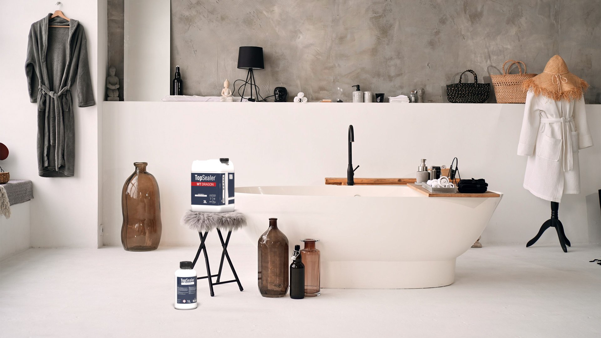 Salle de bain avec sol et murs en microciment vernis avec vernis polyuréthane à l'eau Dragon.