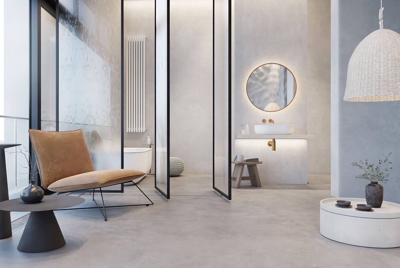 Zona de aseo de estilo minimalista con pared y suelo en microcemento en Donosti. 
