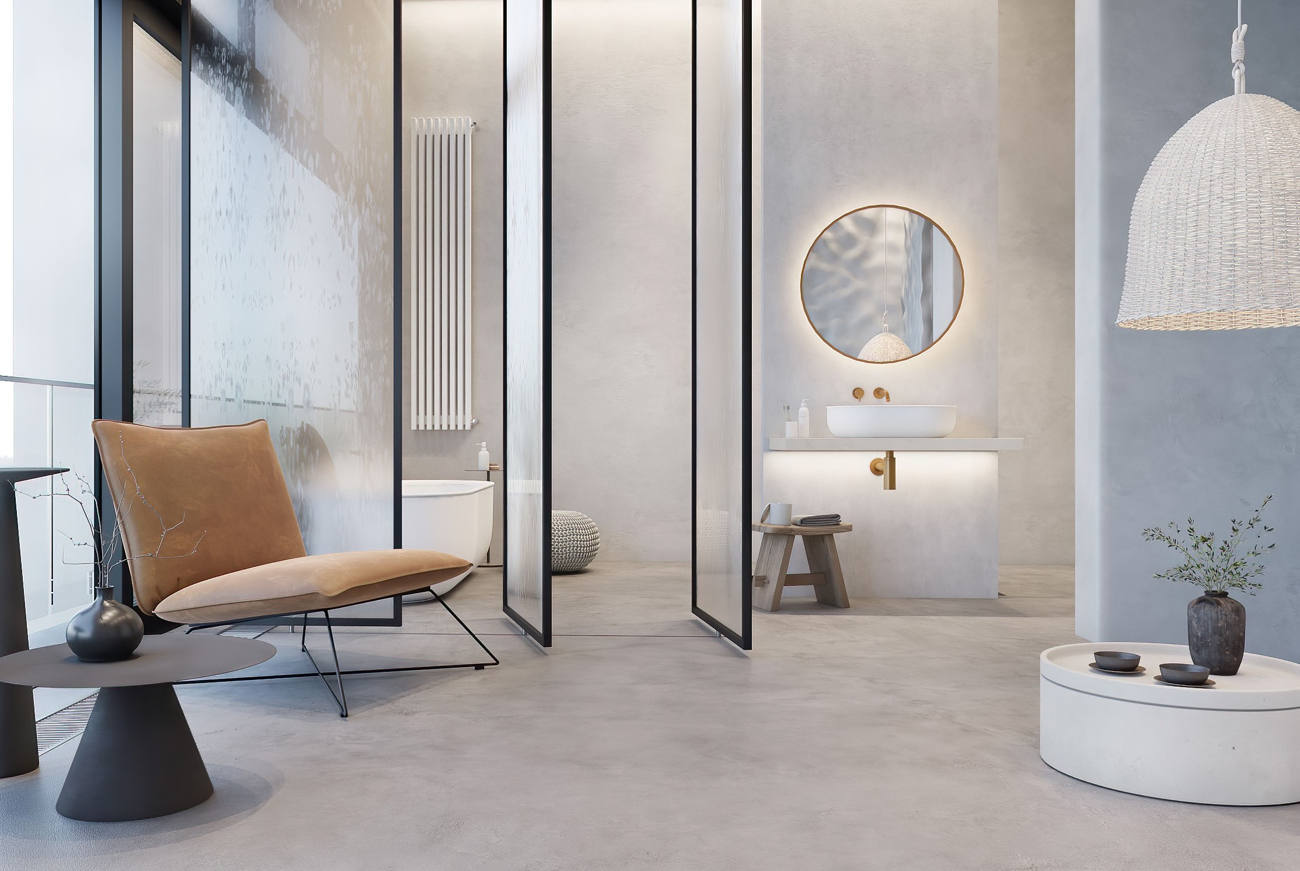  Salle de bain décorée avec des éléments naturels et des surfaces en béton ciré à Nîmes.