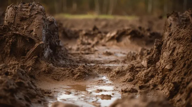 Close-up of muddy ground with puddles and sediment after heavy rainfall.