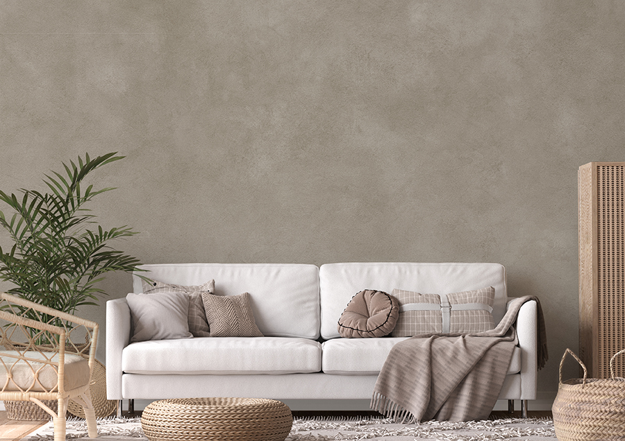  Obývacia izba so stenou zo sivej vápennej malty