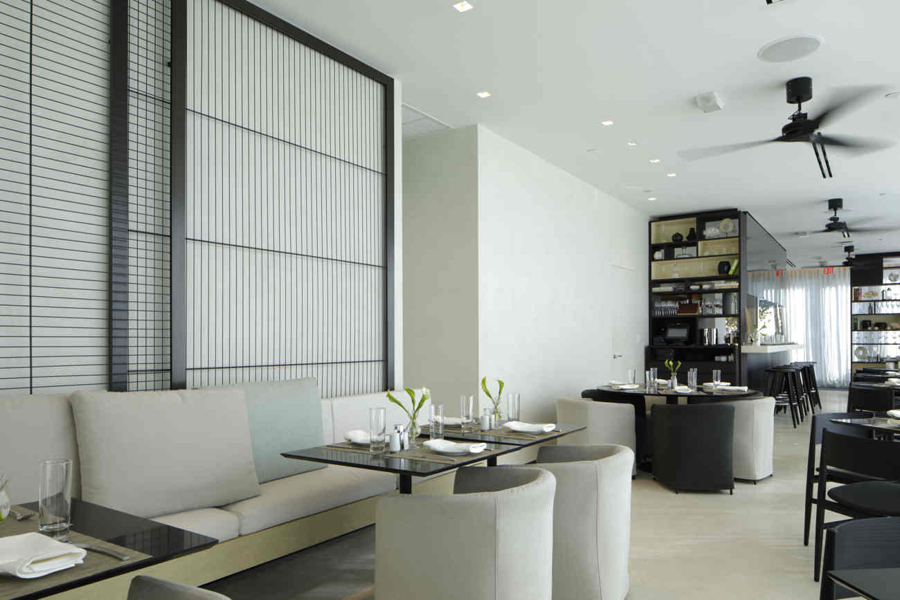 Modern restaurant lounge decorated with microcement surfaces in Leicester. 