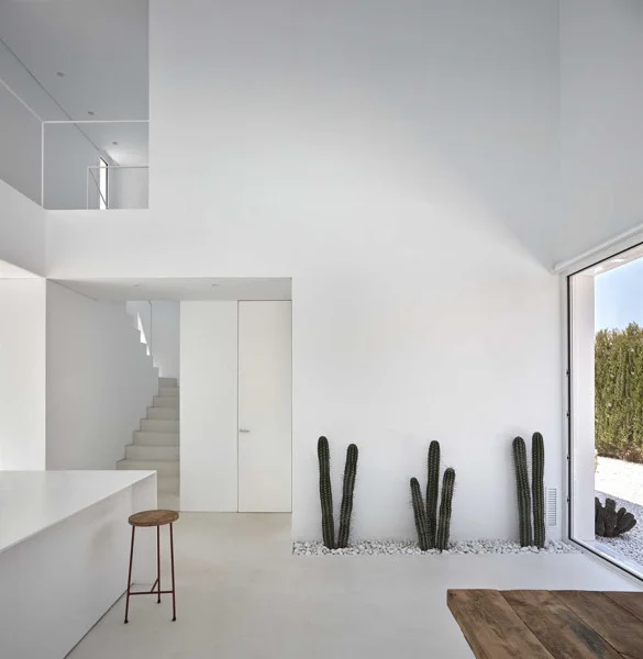 White microcement walls inside the house