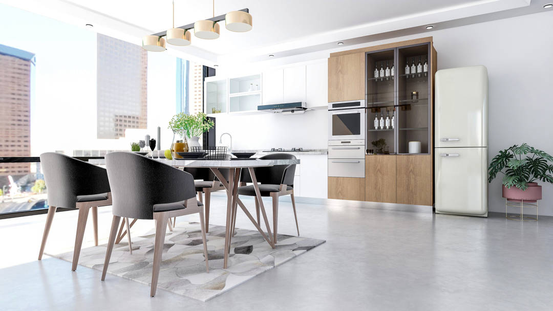 Cucina in microcemento grigio sul pavimento e mobili in legno