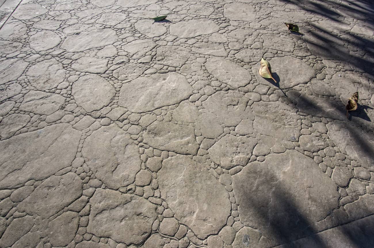 Piso de concreto impresso cinza num parque.