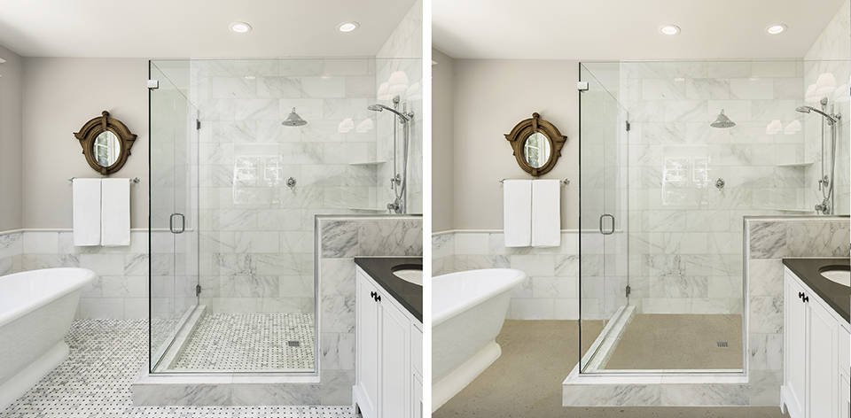 До и после ванной комнаты с плиткой, облицованной микроцементом Сахара.